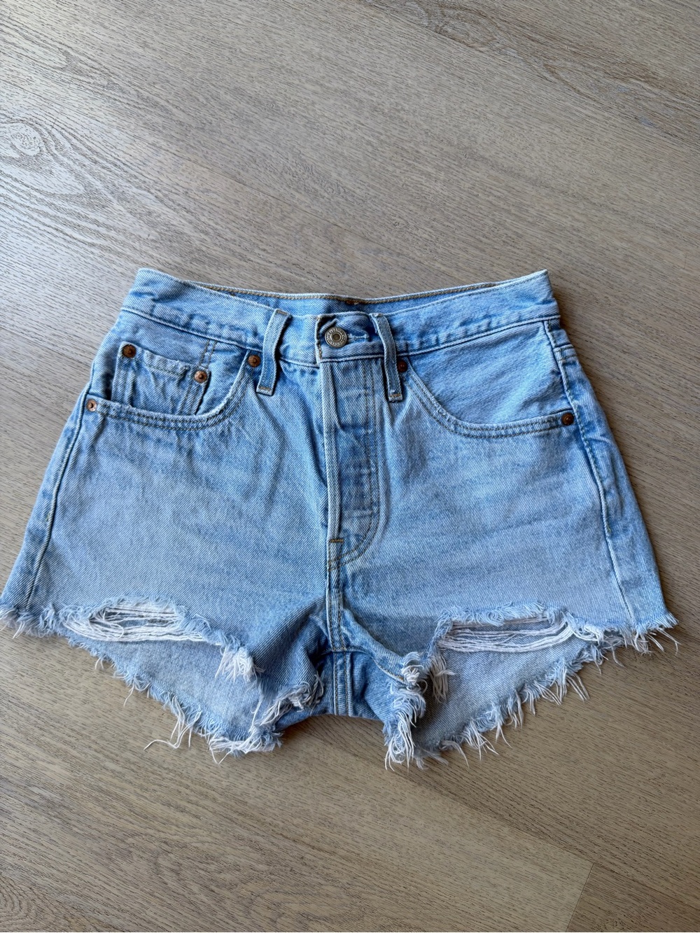 Light Blue Distressed High-Rise Denim Shorts